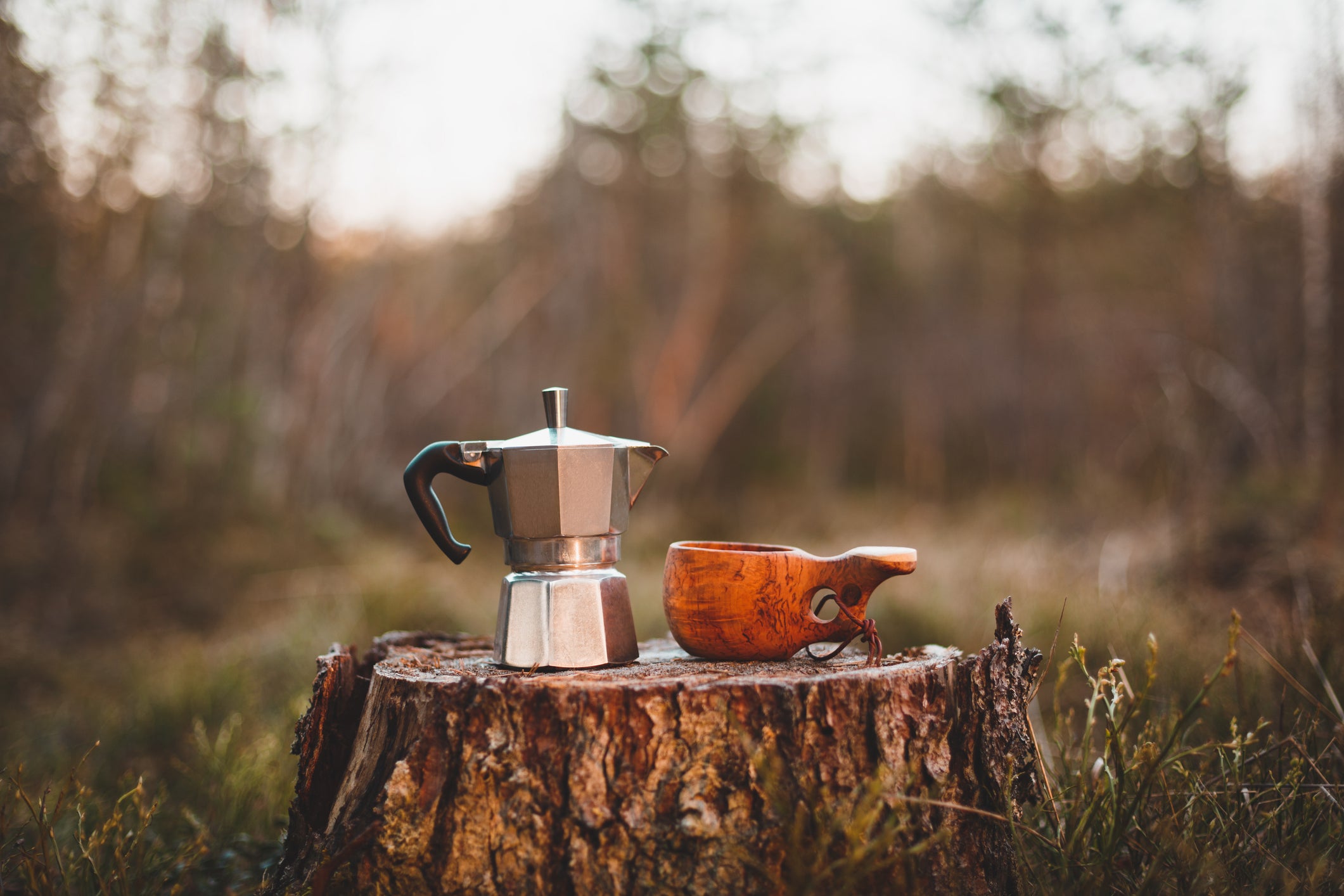 coffee making gear on tree stump at campsite