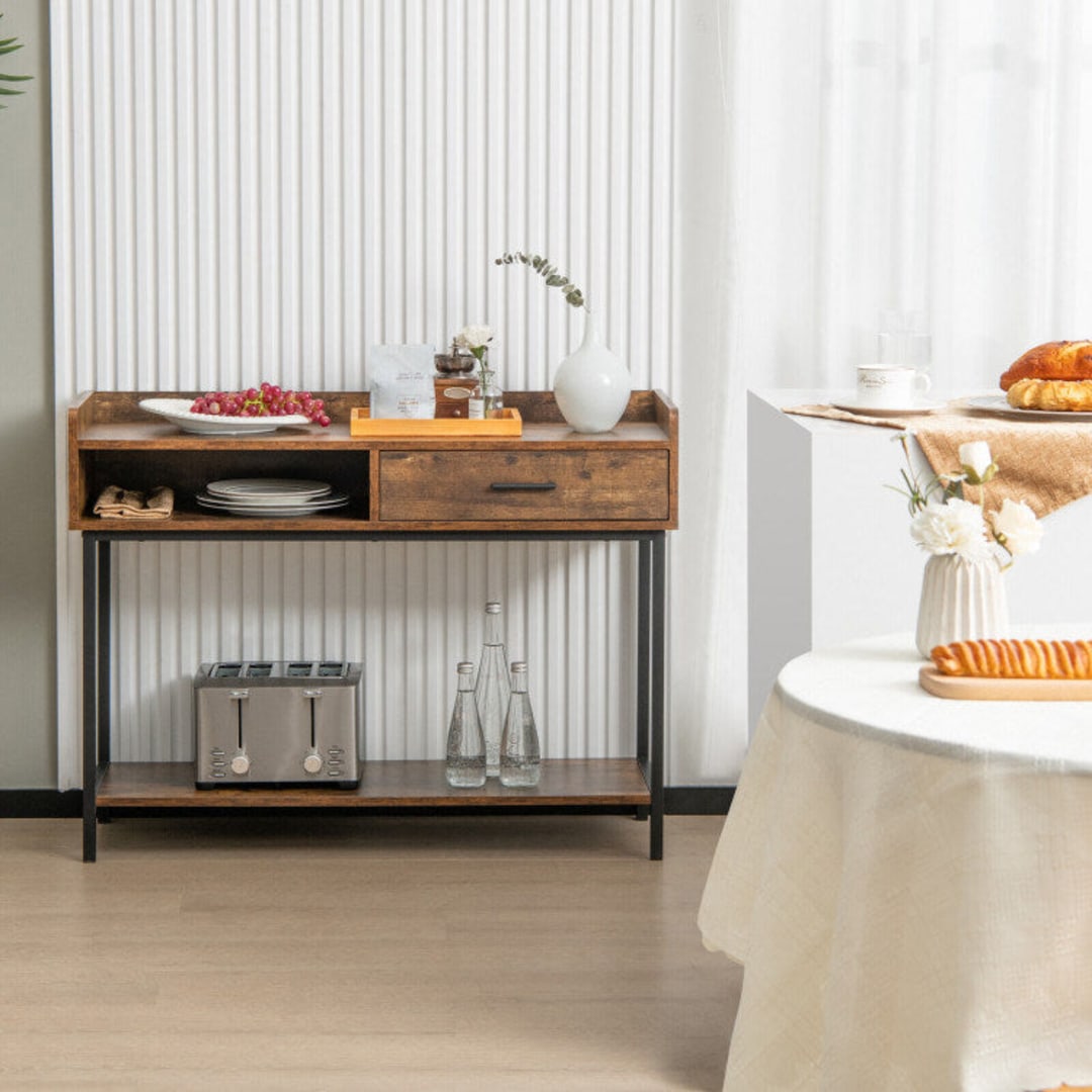 Long Console Table with Drawer and Metal Frame